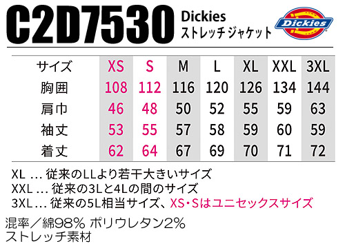 C2D7530 Dickiesストレッチジャケット サイズ表
