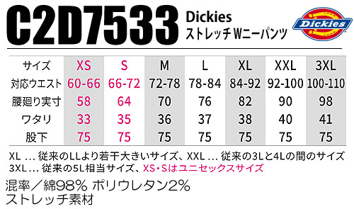 C2D7533 Dickiesストレッチダブルニーパンツ サイズ表