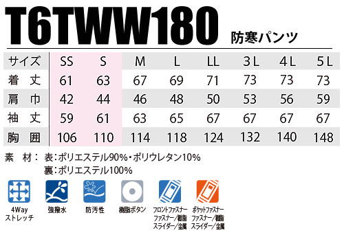 T6TWW180 軽防寒ブルゾン サイズ表